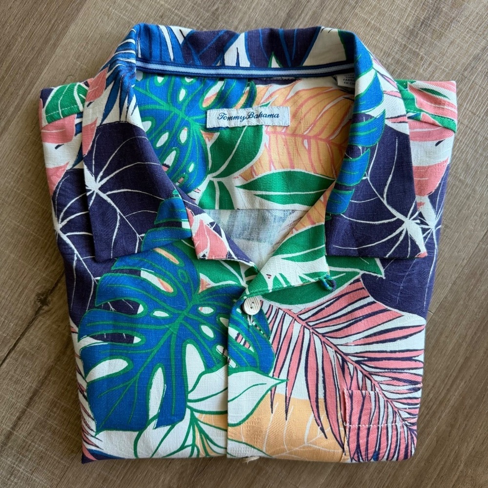 Tommy Bahama Mens XL Tropical Monstera Leaf Print Camp Shirt Blue Pink ST326311‎